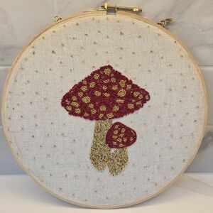 Hand Beaded Embroidery Red Mushrooms Hoop Wall‎ Decor New with Tag